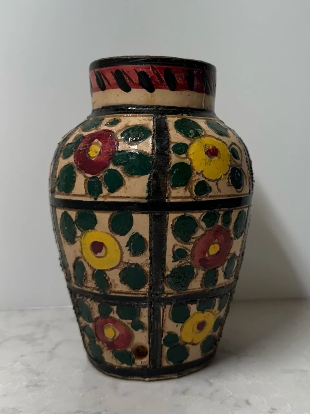 Hand-Painted Italian Floral Ceramic Vase in Yellow, Green & Red